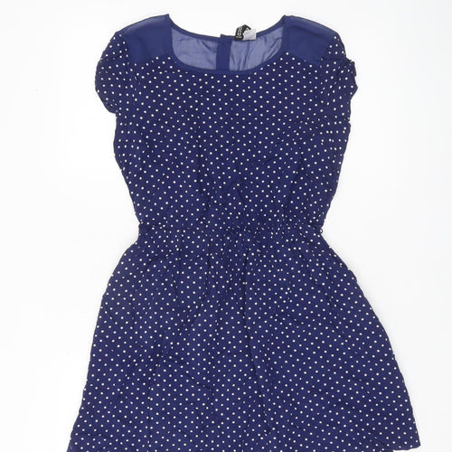 H&M Women Blue Polka Dot Skater Dress Size 10 Short Sleeve Retro