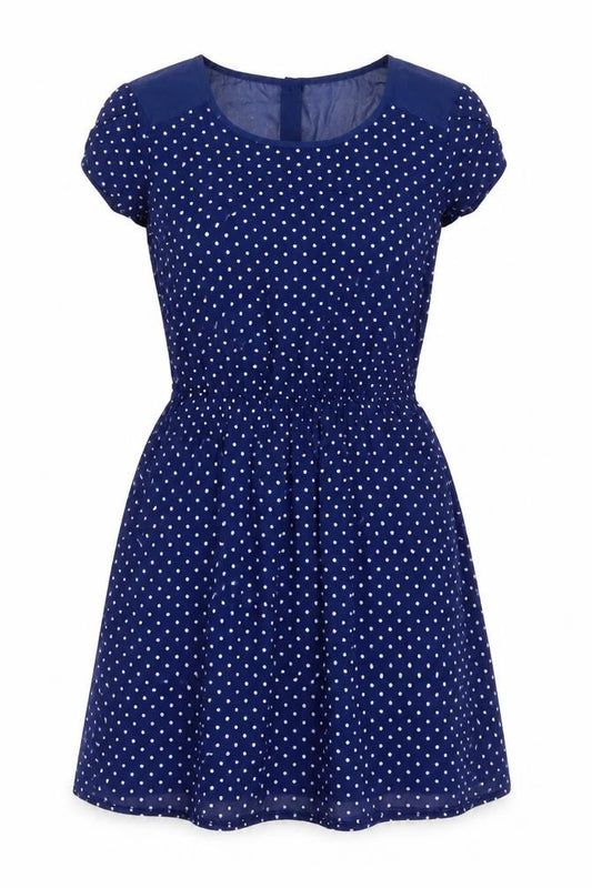 Front view of H&M Women Blue Polka Dot Skater Dress, size 10, Short Sleeve Retro