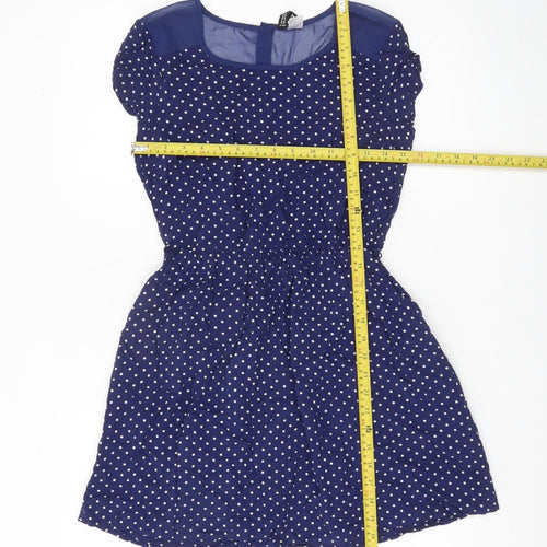 H&M Women Blue Polka Dot Skater Dress Size 10 Short Sleeve Retro