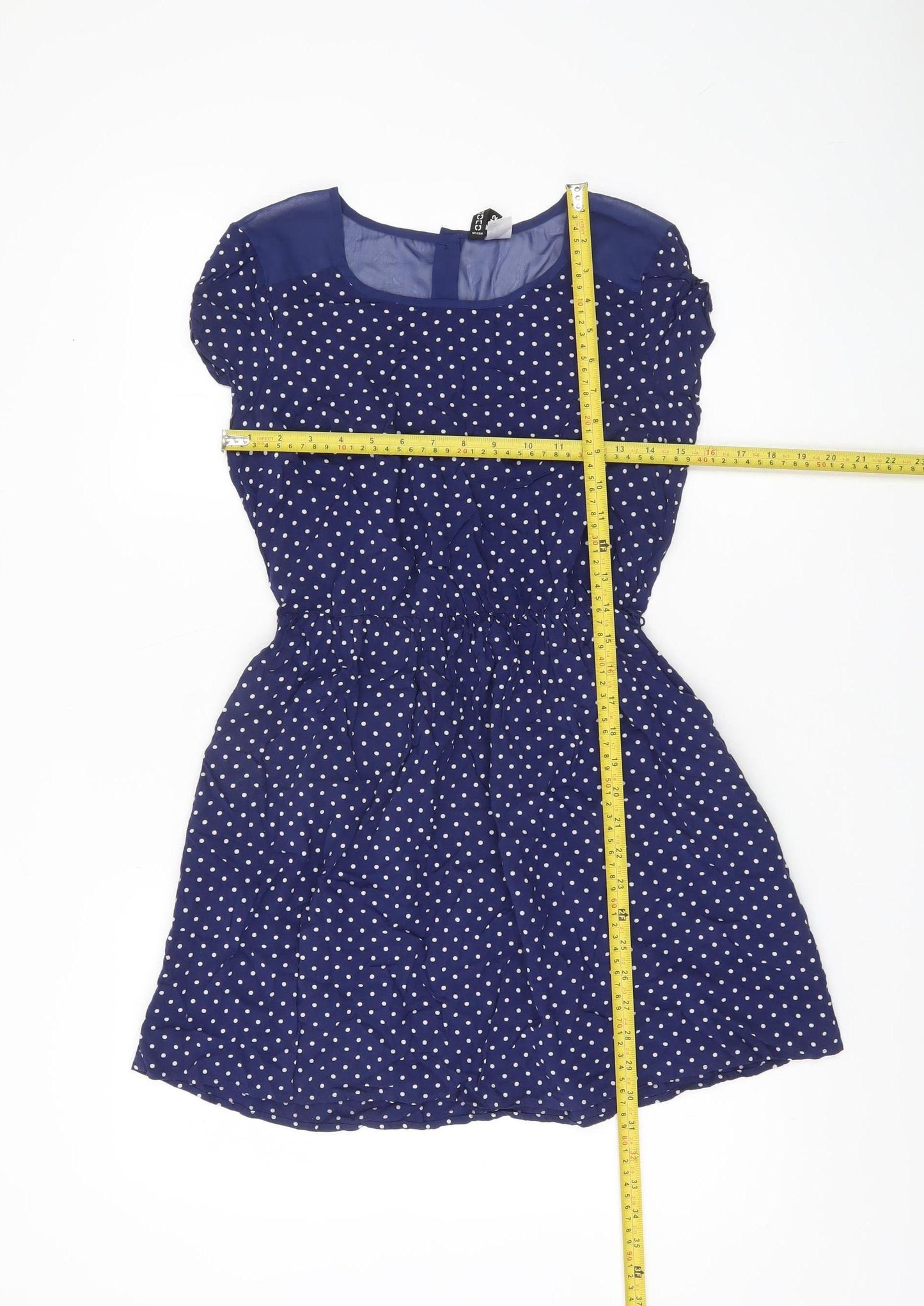 H&M Women Blue Polka Dot Skater Dress Size 10 Short Sleeve Retro