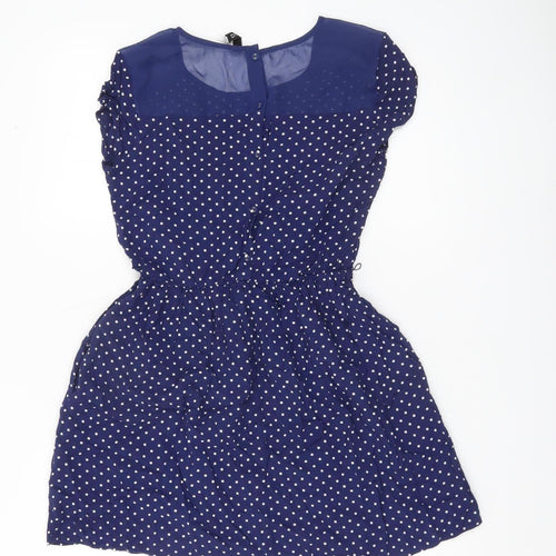 H&M Women Blue Polka Dot Skater Dress Size 10 Short Sleeve Retro