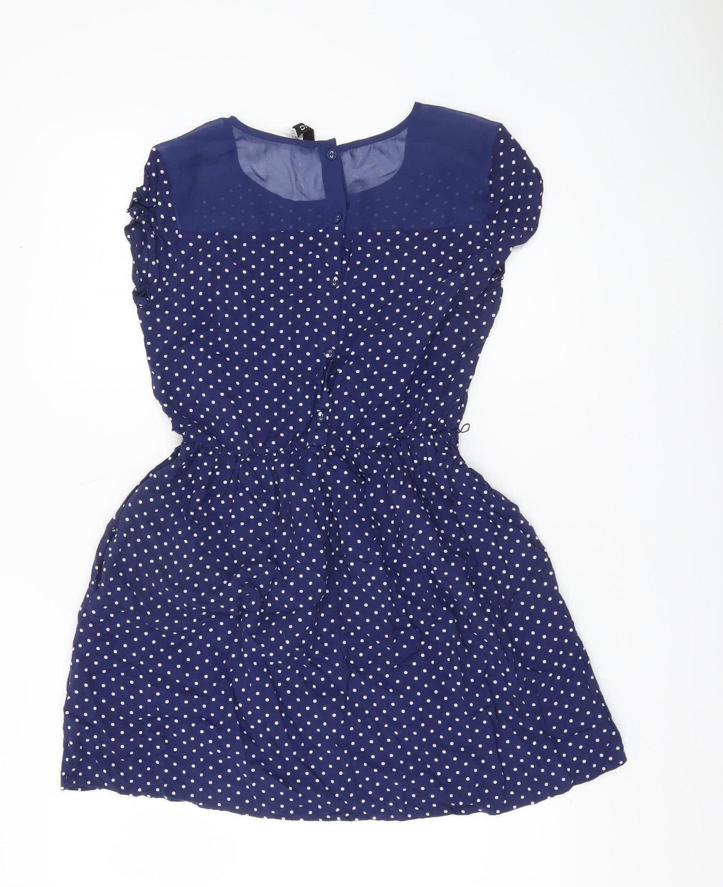 H&M Women Blue Polka Dot Skater Dress Size 10 Short Sleeve Retro