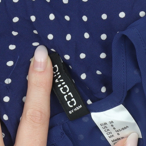 H&M Women Blue Polka Dot Skater Dress Size 10 Short Sleeve Retro