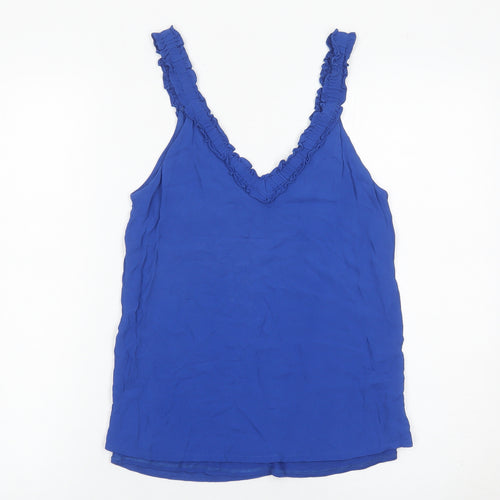 Massimo Dutti Womens Blue XS Viscose Ruffle V-Neck Camisole Tank Top