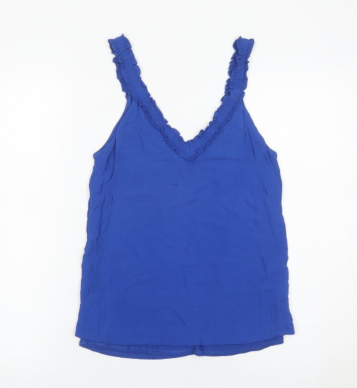 Massimo Dutti Womens Blue XS Viscose Ruffle V-Neck Camisole Tank Top