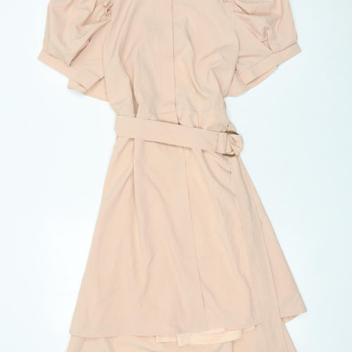 Allyson Women’s Beige Shirt Dress S Hi-Low Puff Sleeve Belted