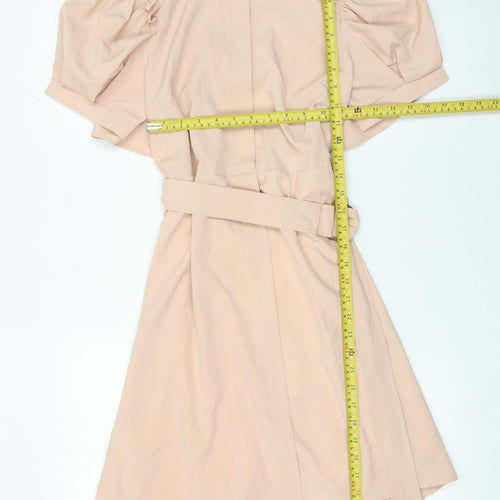 Allyson Women’s Beige Shirt Dress S Hi-Low Puff Sleeve Belted