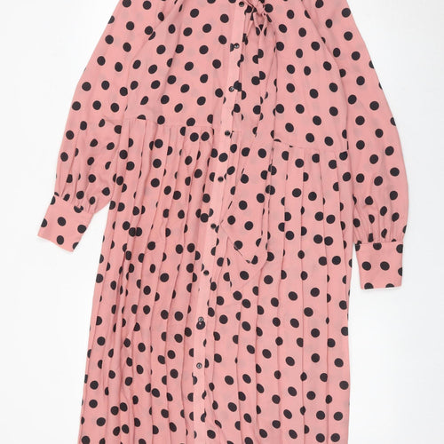 Zara Women Pink Polka Dot Midi Shirt Dress Size 12 Puff Sleeve