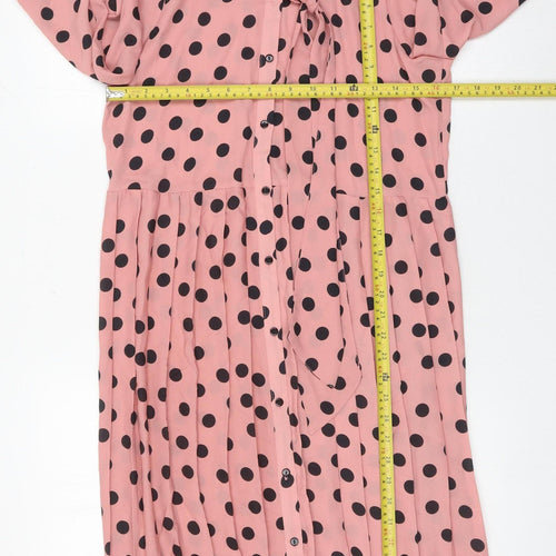 Zara Women Pink Polka Dot Midi Shirt Dress Size 12 Puff Sleeve