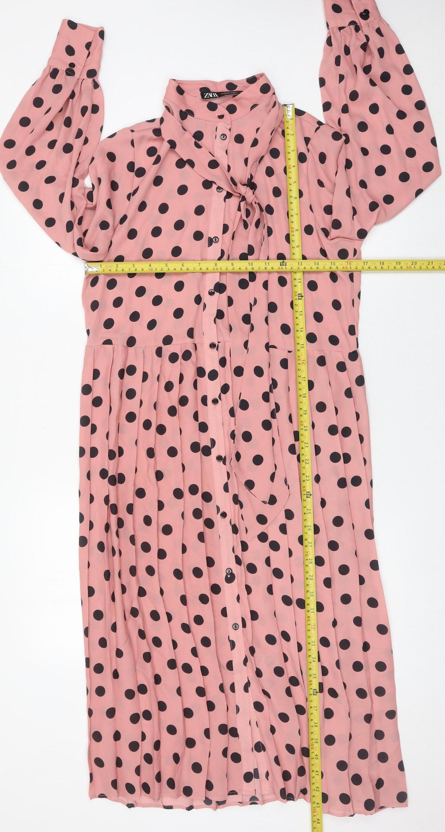 Zara Women Pink Polka Dot Midi Shirt Dress Size 12 Puff Sleeve