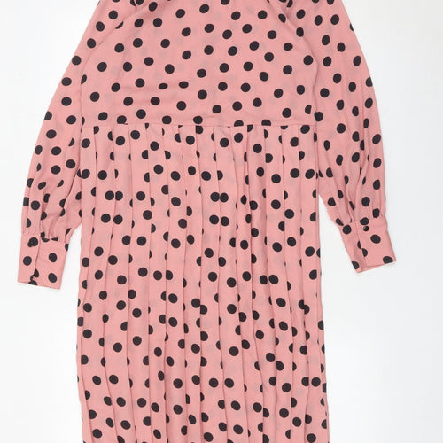 Zara Women Pink Polka Dot Midi Shirt Dress Size 12 Puff Sleeve