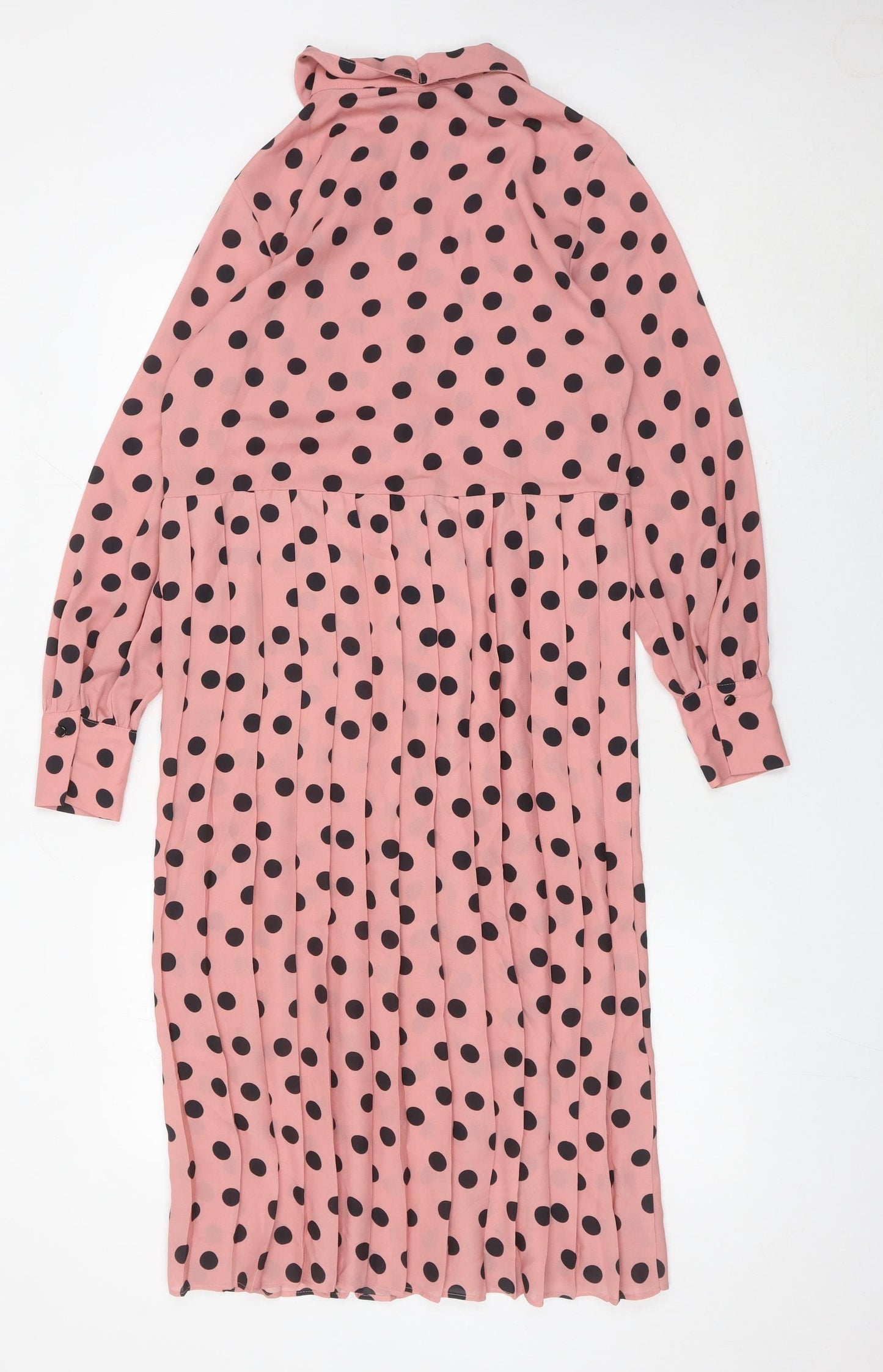 Zara Women Pink Polka Dot Midi Shirt Dress Size 12 Puff Sleeve