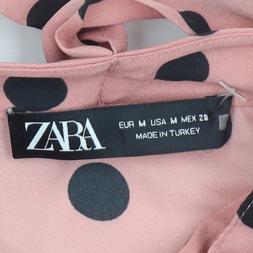 Zara Women Pink Polka Dot Midi Shirt Dress Size 12 Puff Sleeve