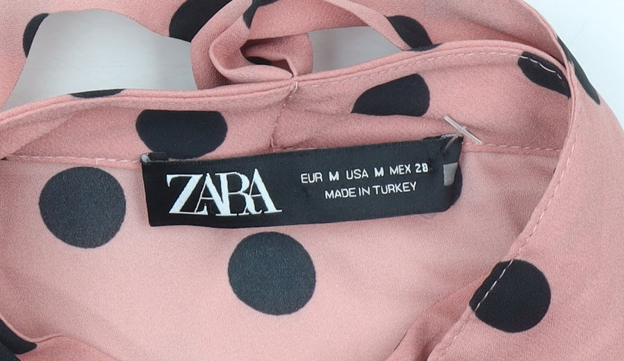 Zara Women Pink Polka Dot Midi Shirt Dress Size 12 Puff Sleeve