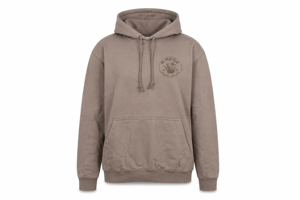 Front view of Just Hoods unisex brown pullover hoodie small logo graphic casual