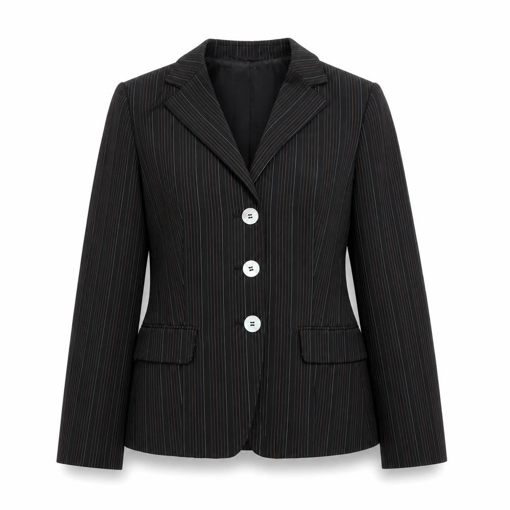 Front view of Marella women’s black pinstripe blazer jacket, size UK 10