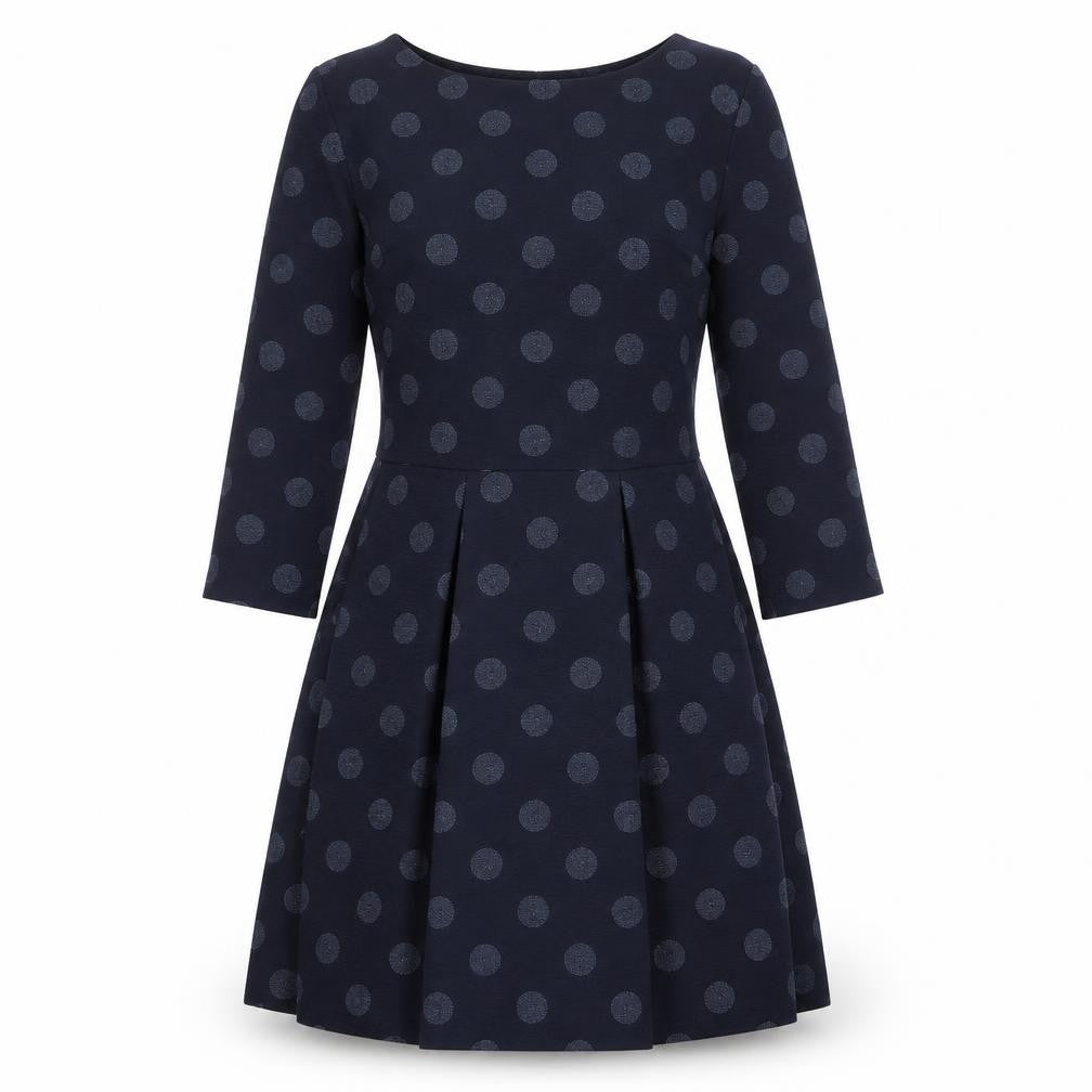 Front view of Next Women's Blue Polka Dot Fit & Flare Dress, size 10