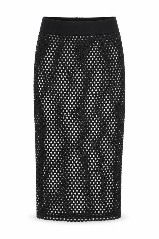 Front view of PRETTYLITTLETHING Women’s Black Mesh Midi Pencil Skirt, size UK 8