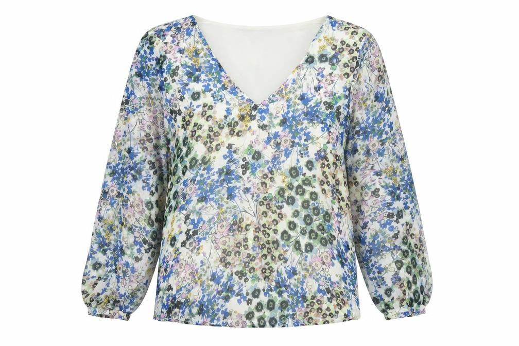 Front view of ESPRIT women’s multicoloured floral chiffon blouse s v-neck long sleeve