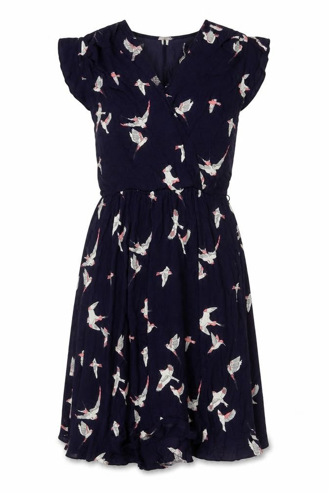 Front view of Oasis women’s blue bird print wrap dress, size UK 10, viscose