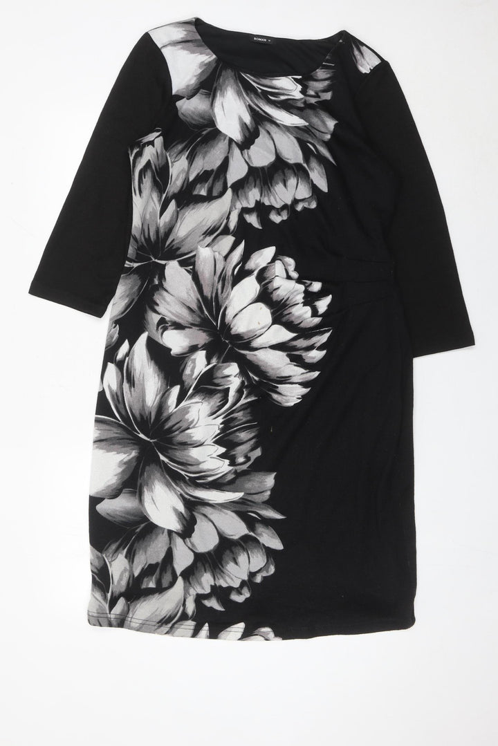 Roman Women’s Black Grey Floral Sheath Dress Size 16 3/4 Sleeve