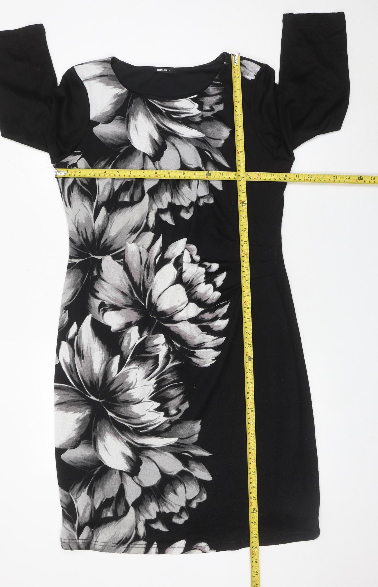 Roman Women’s Black Grey Floral Sheath Dress Size 16 3/4 Sleeve
