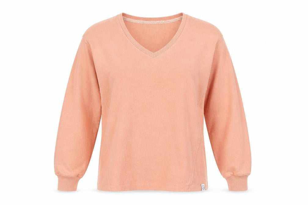 Front view of FatFace women’s pink v-neck cotton blend jumper, size UK 12