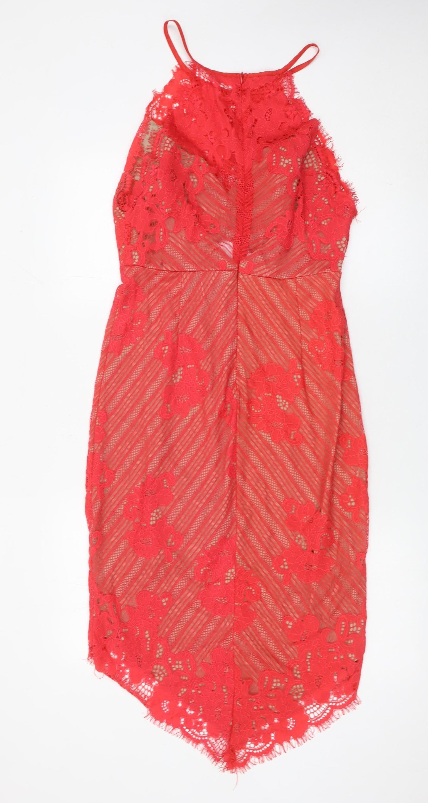 Love Triangle Women’s Red Lace Bodycon Hi-Low Halter Dress Size 14