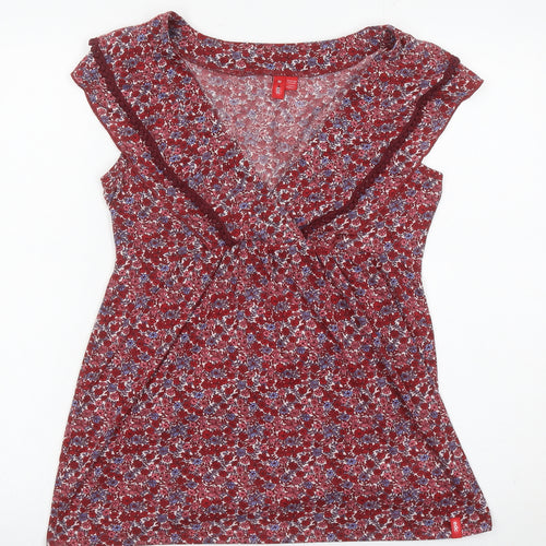 Esprit Women Red Floral V-Neck Ruffle Sleeveless Wrap Blouse M