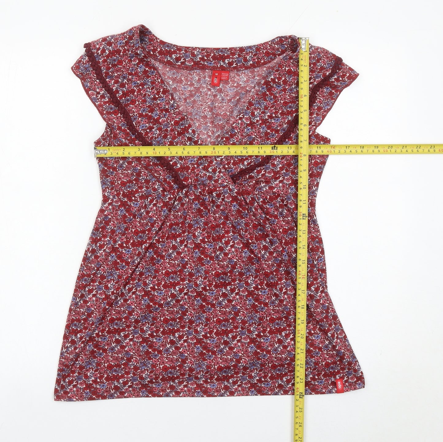 Esprit Women Red Floral V-Neck Ruffle Sleeveless Wrap Blouse M