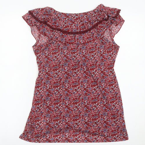 Esprit Women Red Floral V-Neck Ruffle Sleeveless Wrap Blouse M