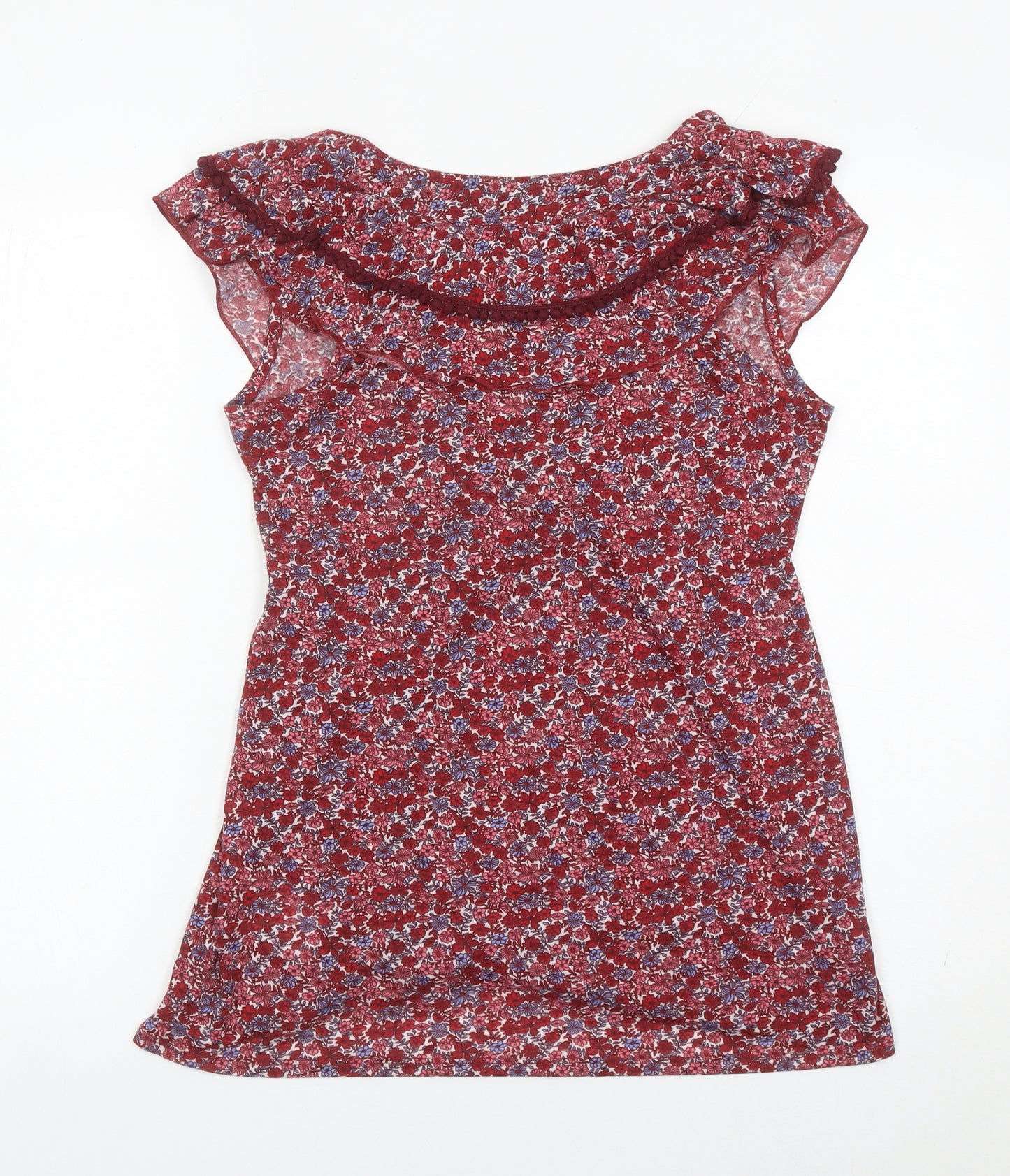 Esprit Women Red Floral V-Neck Ruffle Sleeveless Wrap Blouse M