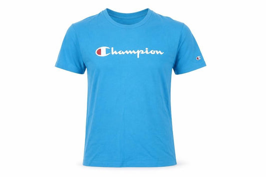 Front view of Champion Men’s Blue Medium Crew Neck Graphic Logo T-Shirt