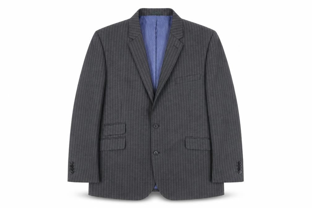 Front view of Taylor & Wright Men’s Grey Pinstripe Blazer 46S Tailored Fit Jacket