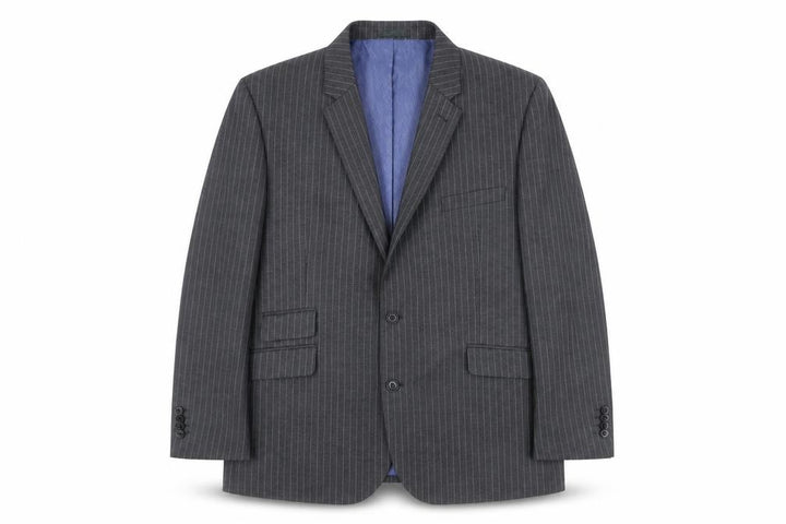 Front view of Taylor & Wright Men’s Grey Pinstripe Blazer 46S Tailored Fit Jacket