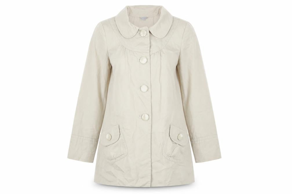 Front view of Therapy women’s beige cotton mid-length overcoat, size UK 8