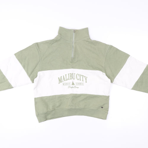 Pull&Bear Women’s Green White XS Sweatshirt 1/4 Zip Malibu Logo