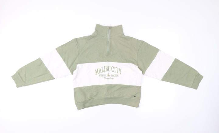 Pull&Bear Women’s Green White XS Sweatshirt 1/4 Zip Malibu Logo
