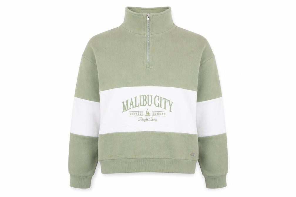 Pull&Bear Women’s Green White XS Sweatshirt 1/4 Zip Malibu Logo