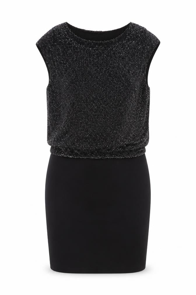 Front view of Theory women’s black beaded sleeveless sheath dress, size UK 8