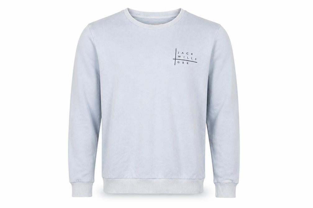 Front view of Jack Wills Men’s Blue Pullover Sweatshirt, size M, Crew Neck Logo