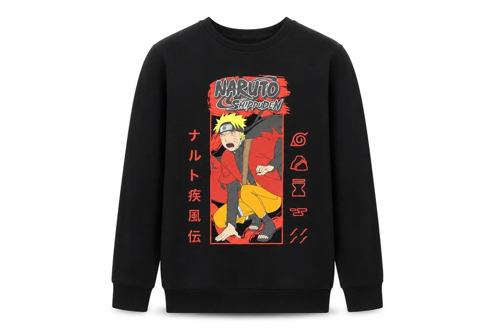Front view of Primark boys’ black naruto anime pullover sweatshirt 13-14 years