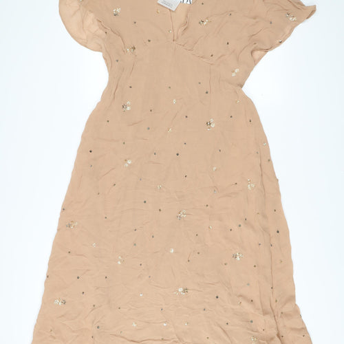 Zara Women Beige Midi A-Line Dress Size 8 Sequin Flutter Sleeve