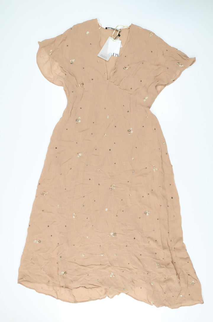 Zara Women Beige Midi A-Line Dress Size 8 Sequin Flutter Sleeve