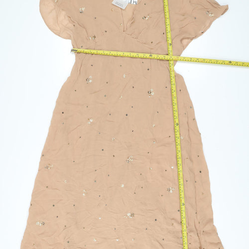 Zara Women Beige Midi A-Line Dress Size 8 Sequin Flutter Sleeve