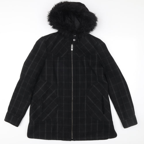 George Women’s Black Check Mid-Length Hooded Coat UK 12
