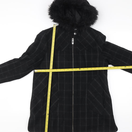 George Women’s Black Check Mid-Length Hooded Coat UK 12