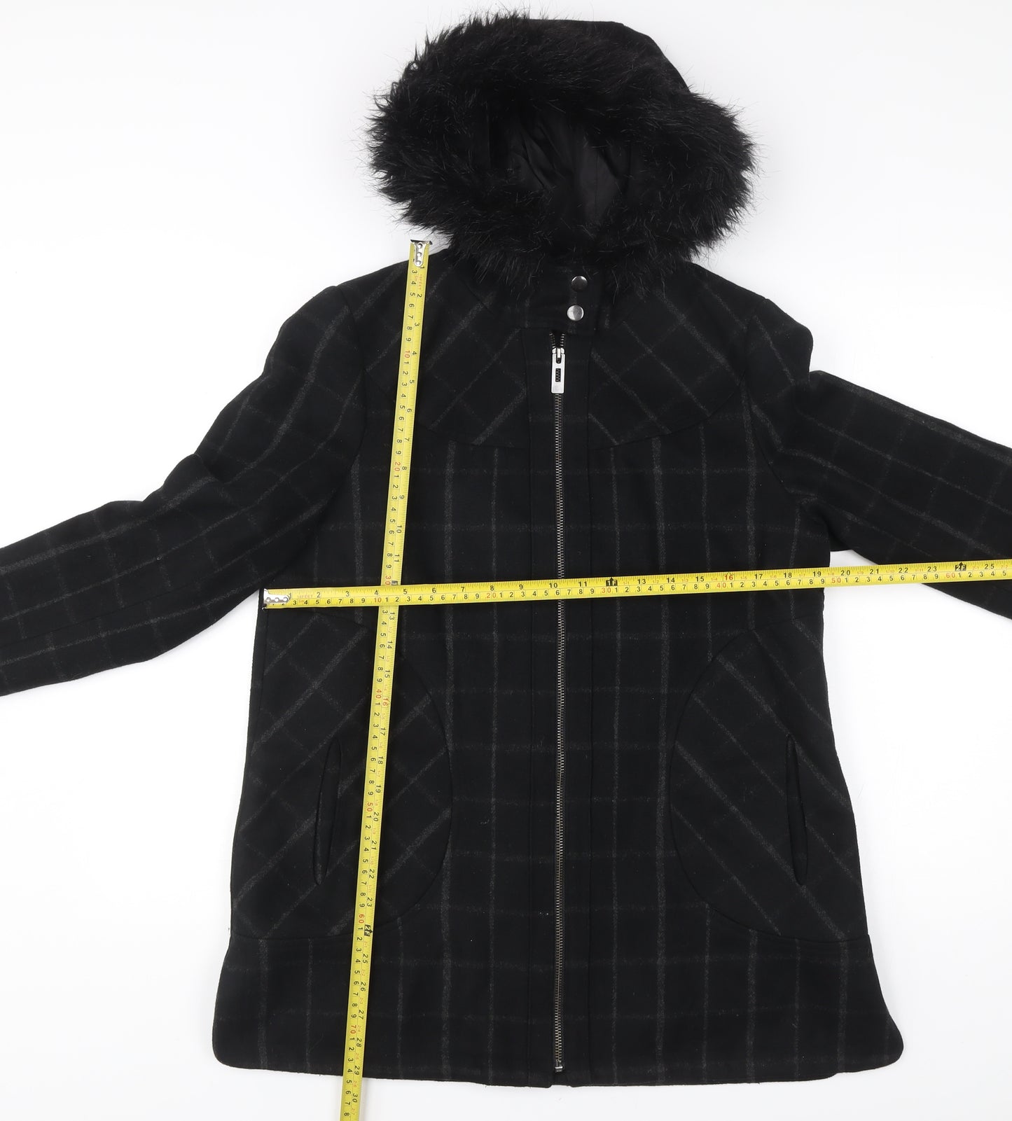 George Women’s Black Check Mid-Length Hooded Coat UK 12