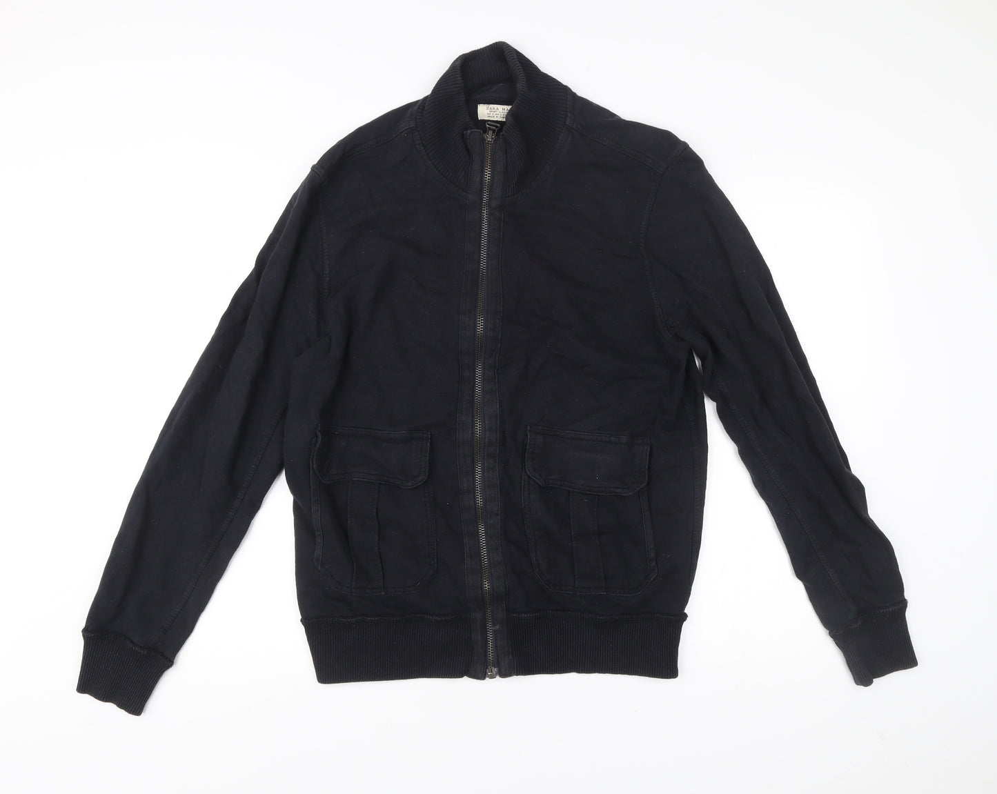 Zara Man Black Bomber Jacket Men XL 42 Stand Collar Cotton