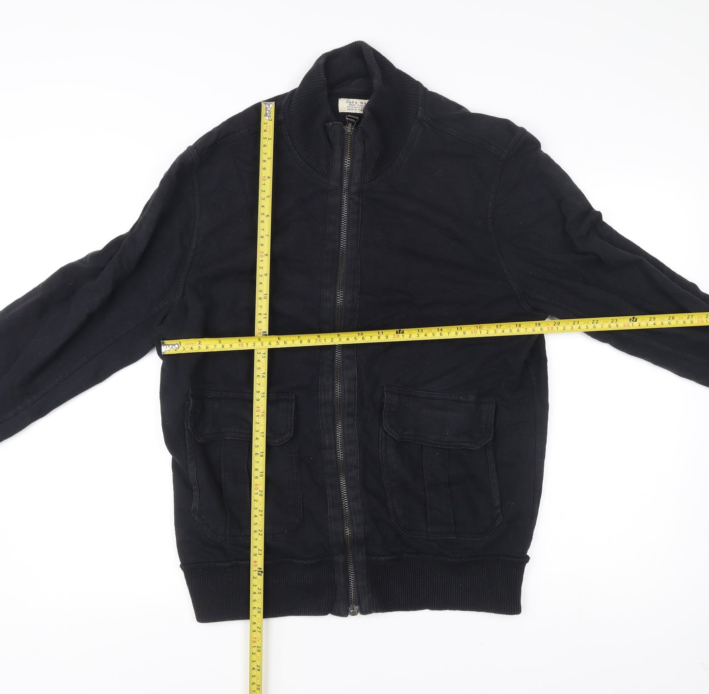 Zara Man Black Bomber Jacket Men XL 42 Stand Collar Cotton
